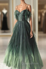 Green Gradient Tulle A-Line Long Formal Dress, Green Beaded Straps Party Dress Evening Prom Dress