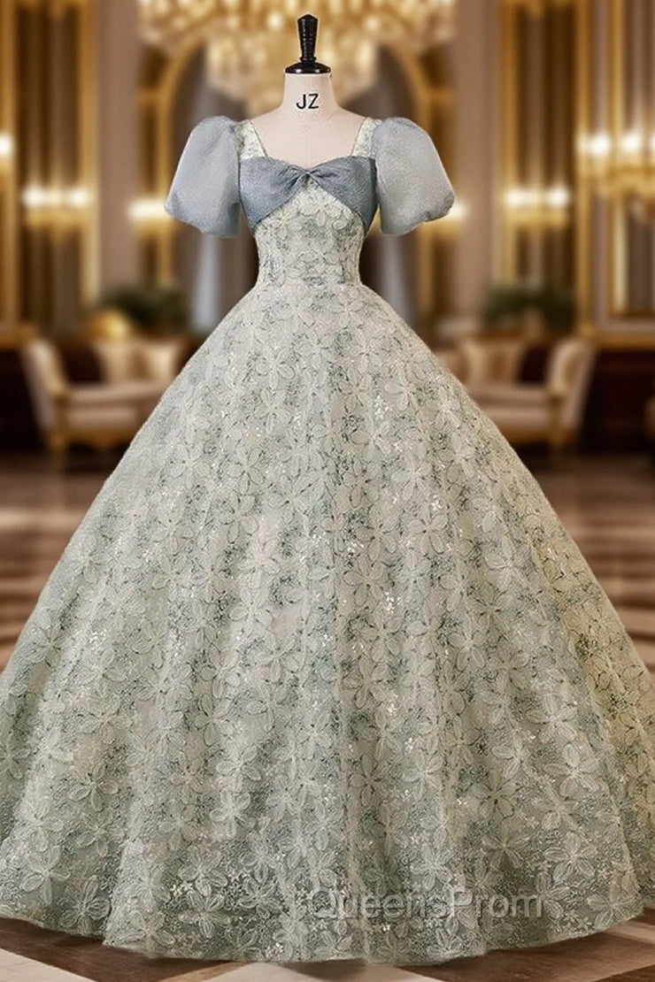 Green Gray Short Sleeve Lace Flower Quinceanera Dress Main image