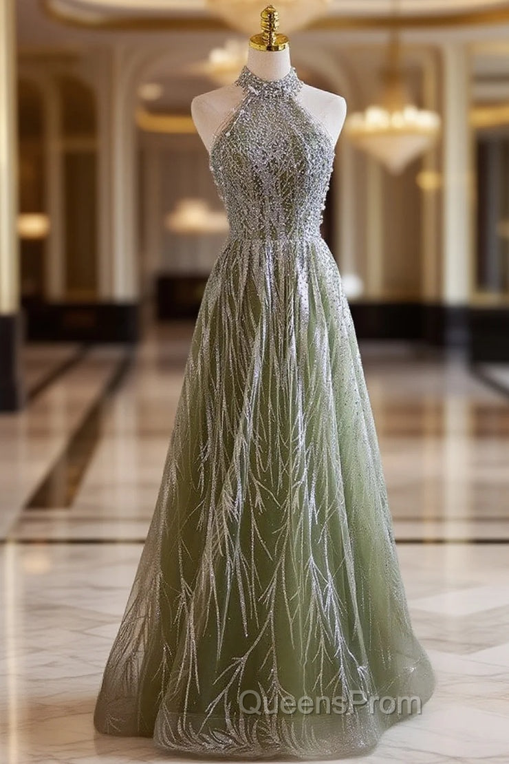 Green Halter Sequins Beading Evening Prom Dress