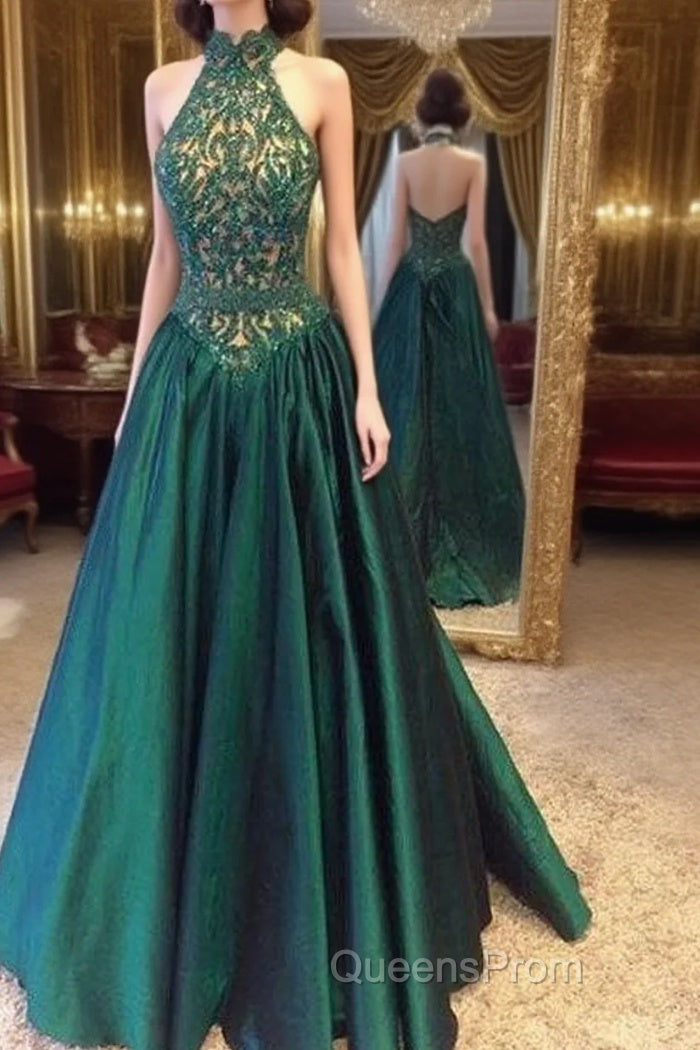Green High Neck Long Evening Prom Dress, Green Evening Dress Main image