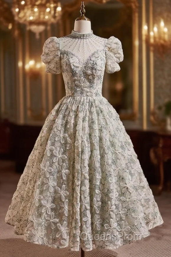 Green High Neck Puff Sleeve Beading Evening Prom Dress