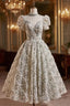 Green High Neck Puff Sleeve Beading Evening Prom Dress