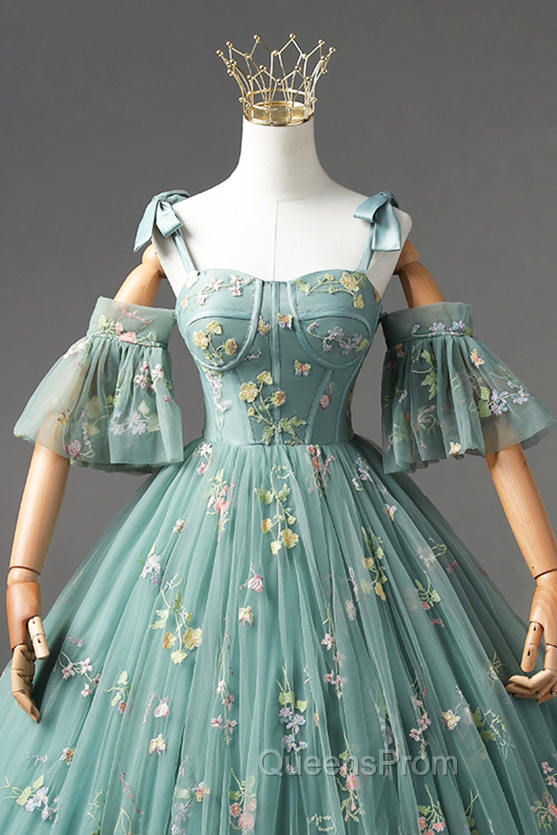 Green Lace Long A-Line Evening Dress, Spaghetti Strap Evening Gown Secondary image