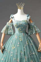 Green Lace Long A-Line Evening Dress, Spaghetti Strap Evening Gown