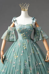 Green Lace Long A-Line Evening Dress, Spaghetti Strap Evening Gown