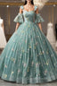 Green Lace Long A-Line Evening Dress, Spaghetti Strap Evening Gown