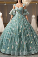 Green Lace Long A-Line Evening Dress, Spaghetti Strap Evening Gown