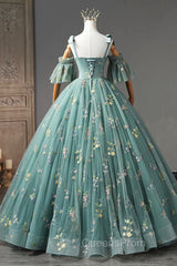 Green Lace Long A-Line Evening Dress, Spaghetti Strap Evening Gown