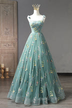 Green Lace Long A-Line Evening Dress, Spaghetti Strap Evening Gown