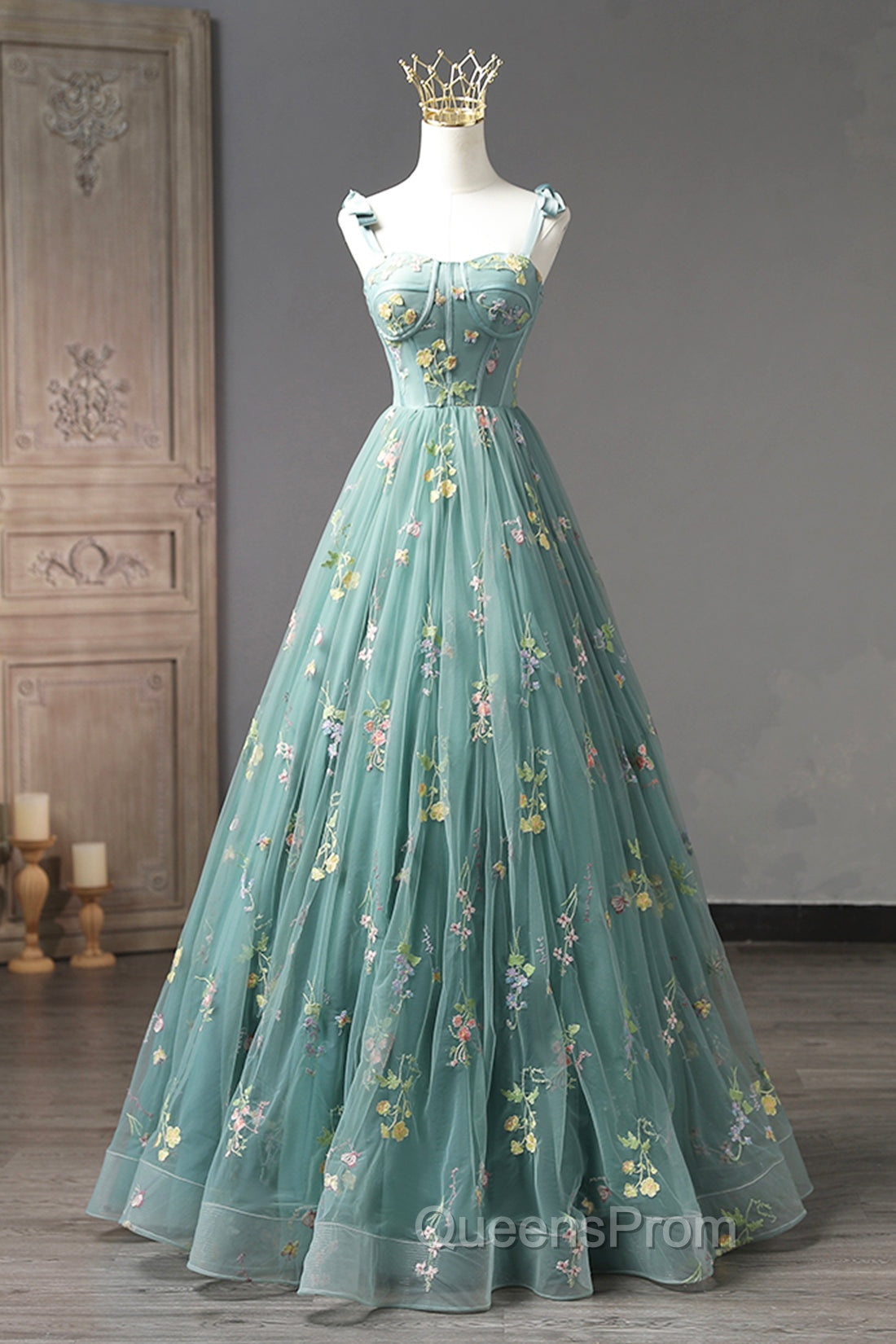 Green Lace Long A-Line Evening Dress, Spaghetti Strap Evening Gown