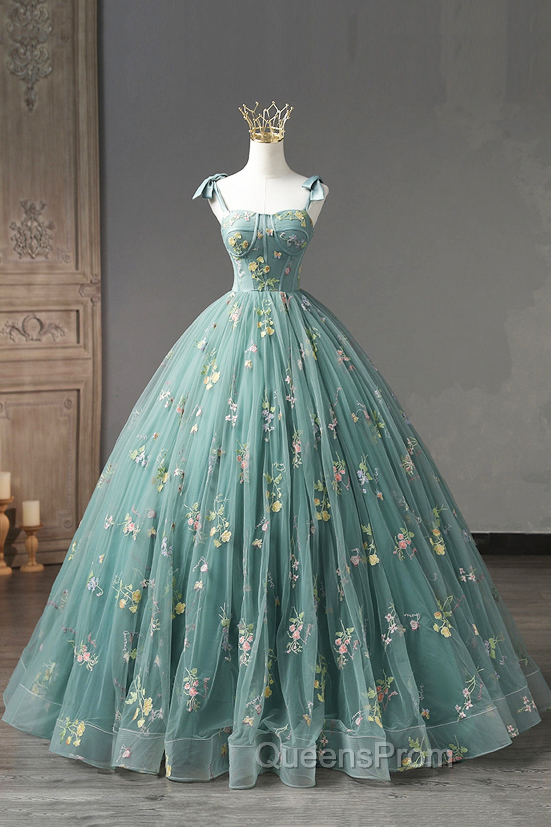 Green Lace Long A-Line Evening Dress, Spaghetti Strap Evening Gown Main image