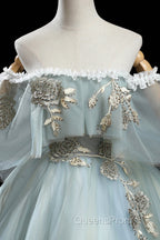 Green Lace Long A-Line Off the Shoulder Evening Prom Dress, Evening Party Dress