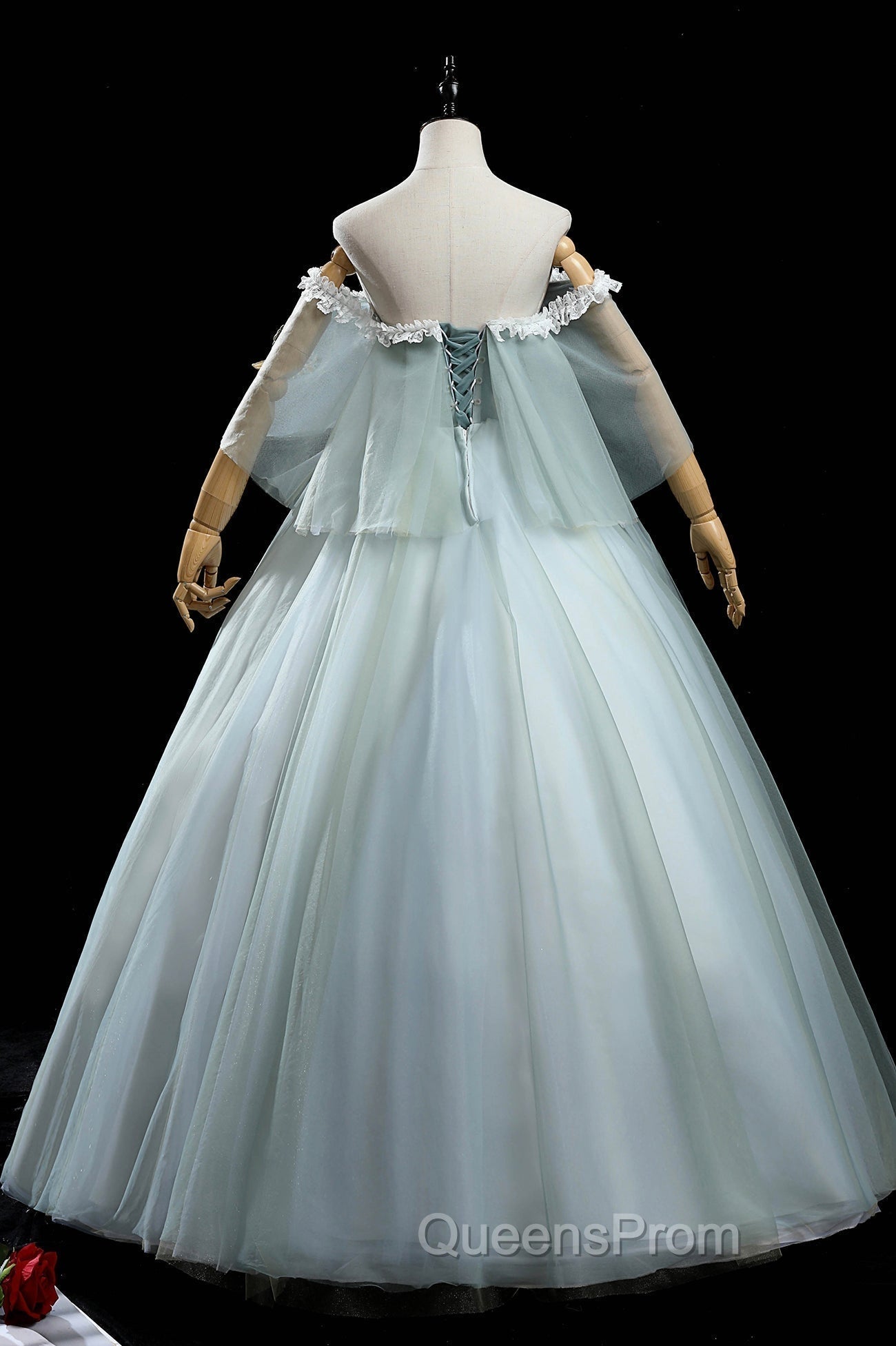 Green Lace Long A-Line Off the Shoulder Evening Prom Dress, Evening Party Dress