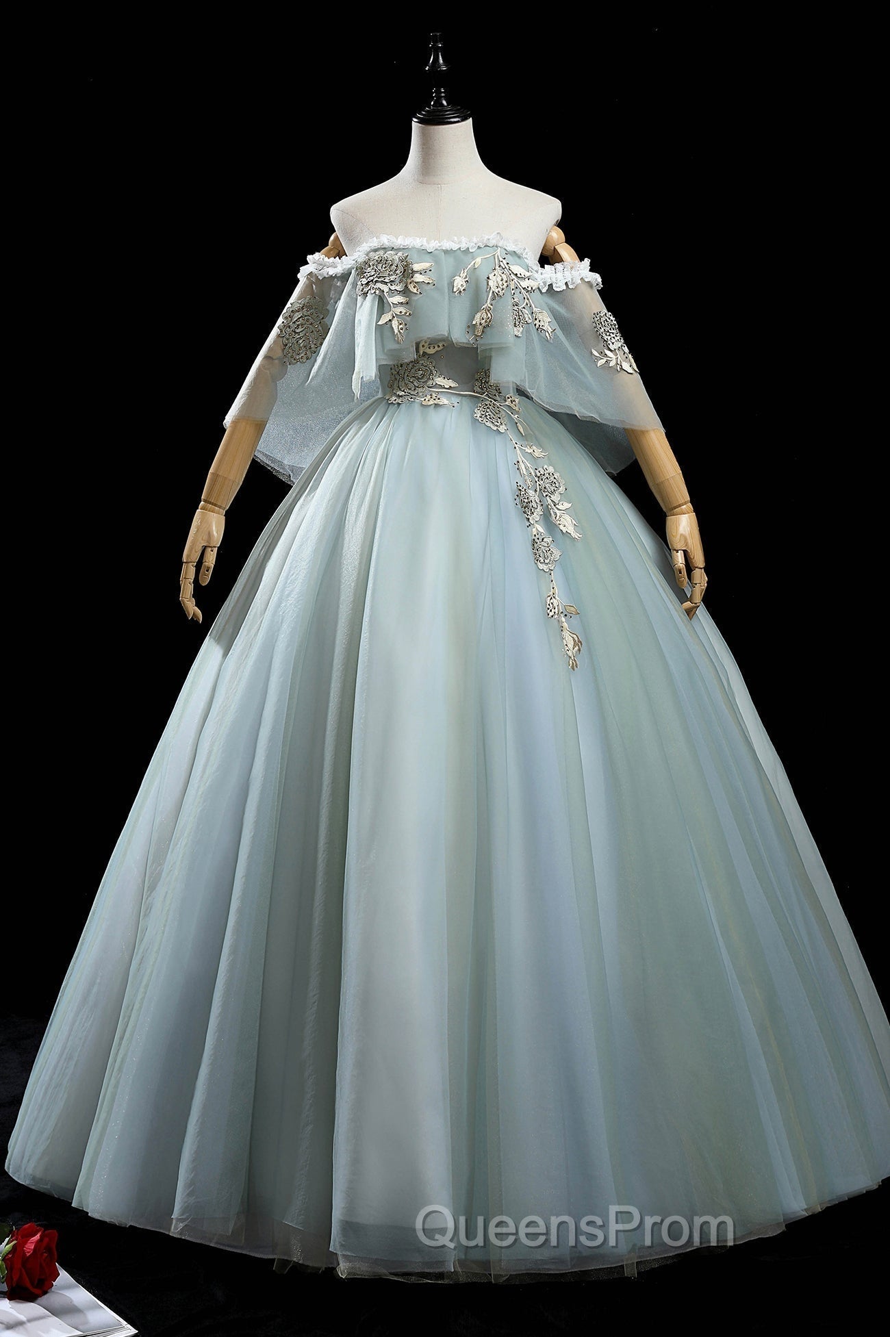 Green Lace Long A-Line Off the Shoulder Evening Prom Dress, Evening Party Dress