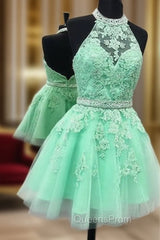 Green Lace Short Evening Prom Dress, Green Homecoming Dress