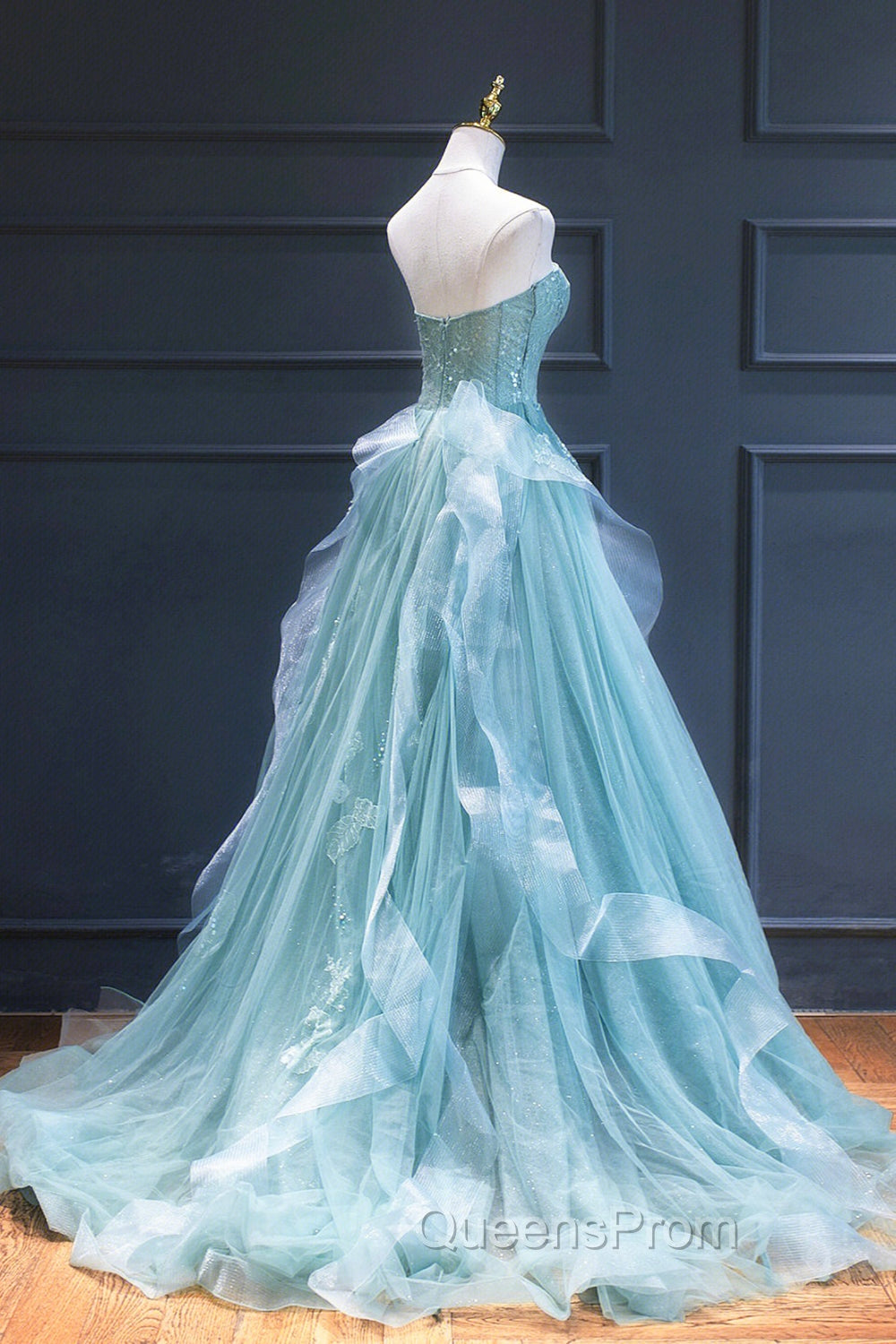Green Lace Tulle A-Line Long Evening Dress, Green Strapless Evening Dress Secondary image
