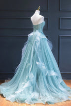 Green Lace Tulle A-Line Long Evening Dress, Green Strapless Evening Dress