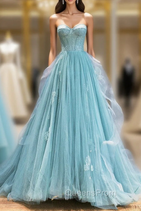 Green Lace Tulle A-Line Long Evening Dress, Green Strapless Evening Dress Main image