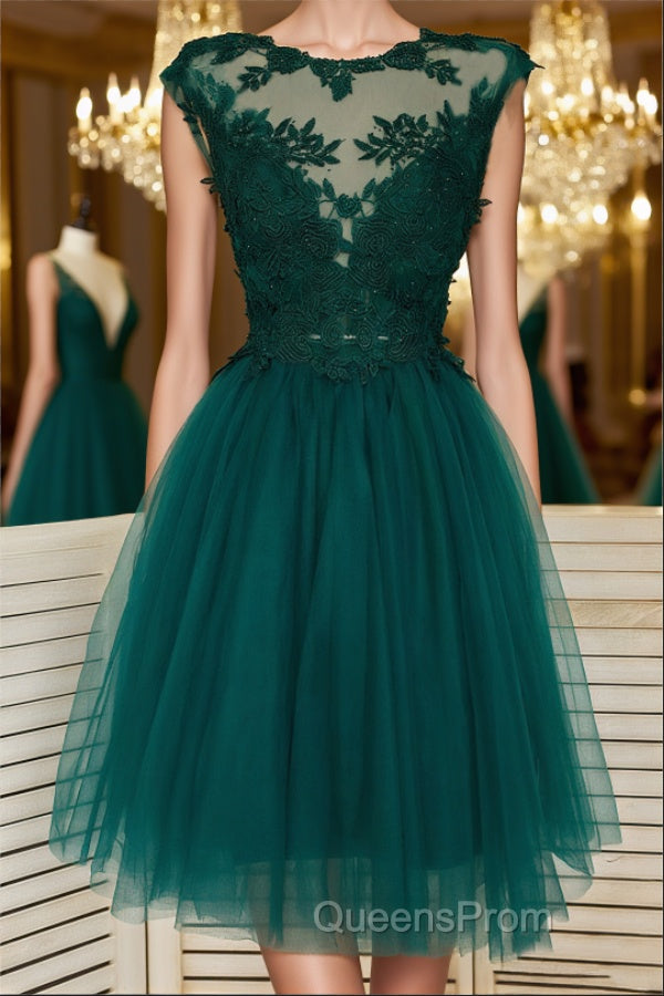 Green Lace Tulle Short Evening Prom Homecoming Dress, Green Lace Formal Graduation Evening Dress Main image