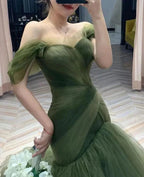 Green Beautiful Elegant Long Tulle Off-Shoulder Ball Gown Classy Evening Dress
