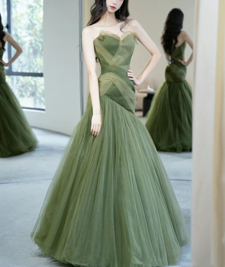Green Beautiful Elegant Long Tulle Off-Shoulder Ball Gown Classy Evening Dress