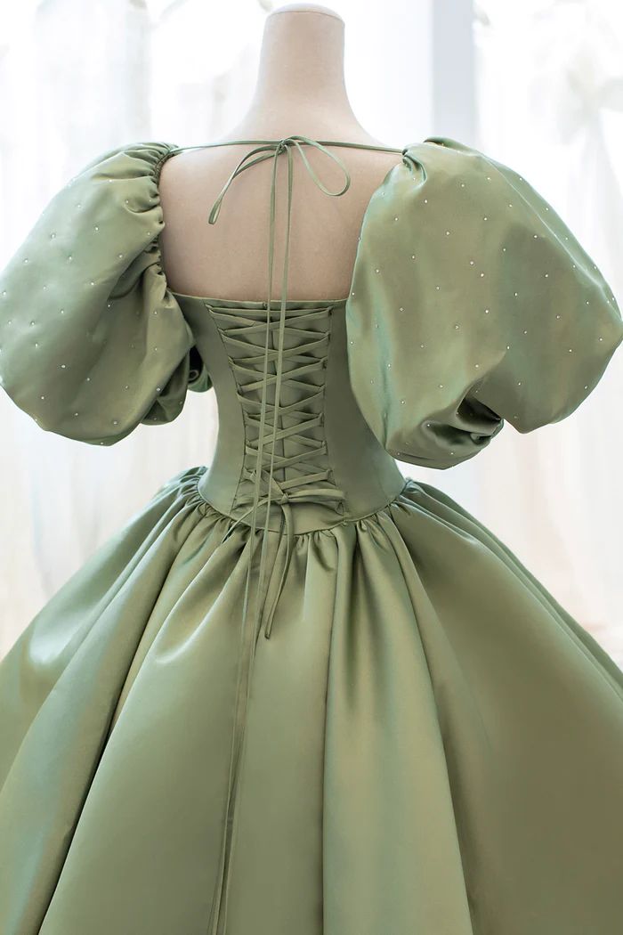 Green Sweet Elegant A-Line Long Satin Short Sleeves Classy Prom Dress Classy Evening Dress Birthday Dress Graduation Dress