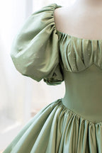 Green Sweet Elegant A-Line Long Satin Short Sleeves Classy Prom Dress Classy Evening Dress Birthday Dress Graduation Dress