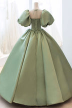Green Sweet Elegant A-Line Long Satin Short Sleeves Classy Prom Dress Classy Evening Dress Birthday Dress Graduation Dress