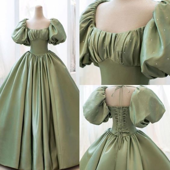 Green Sweet Elegant A-Line Long Satin Short Sleeves Classy Prom Dress Classy Evening Dress Birthday Dress Graduation Dress