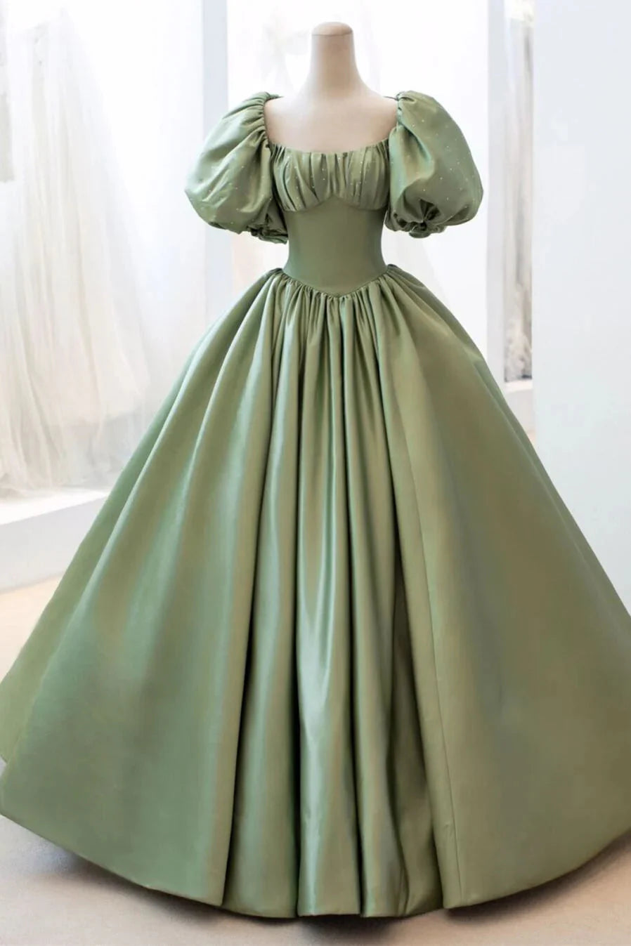 Green Sweet Elegant A-Line Long Satin Short Sleeves Classy Prom Dress Classy Evening Dress Birthday Dress Graduation Dress Main image