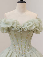 Green Long Evening Prom Dress, Green Tulle Evening Sweet 16 Dress with Beading
