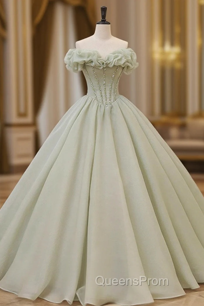 Green Long Evening Prom Dress, Green Tulle Evening Sweet 16 Dress with Beading Main image
