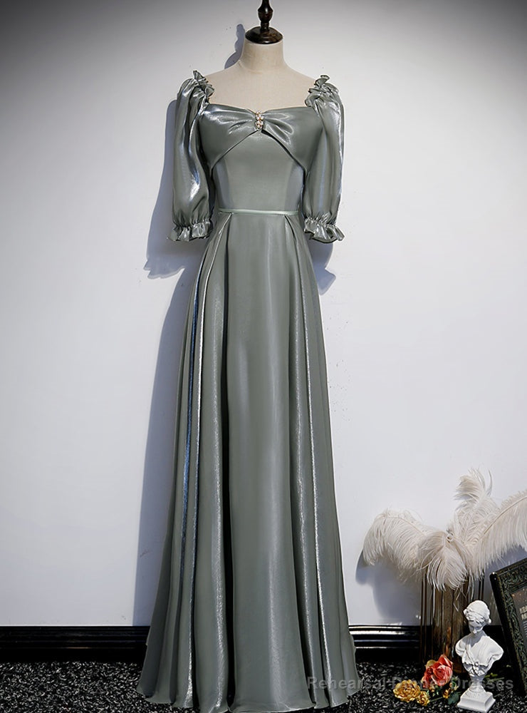 Green Long Sleeve Square Pearls Prom Dress Main image