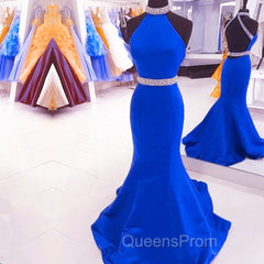 Green Mermaid Halter Evening Prom Dress Satin Open Back