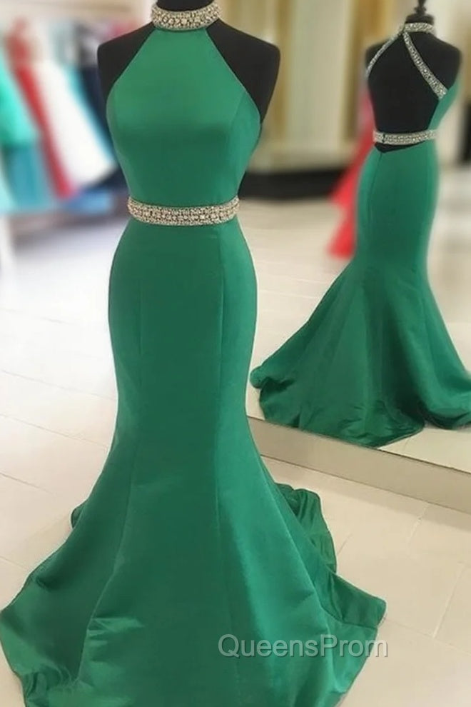 Green Mermaid Halter Evening Prom Dress Satin Open Back Main image
