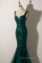 Green Mermaid Long Straps Sequins Long Evening Prom Dress, Green Mermaid Evening Dress