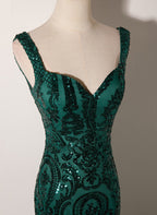 Green Mermaid Long Straps Sequins Long Classy Prom Dress, Green Mermaid Classy Evening Dress