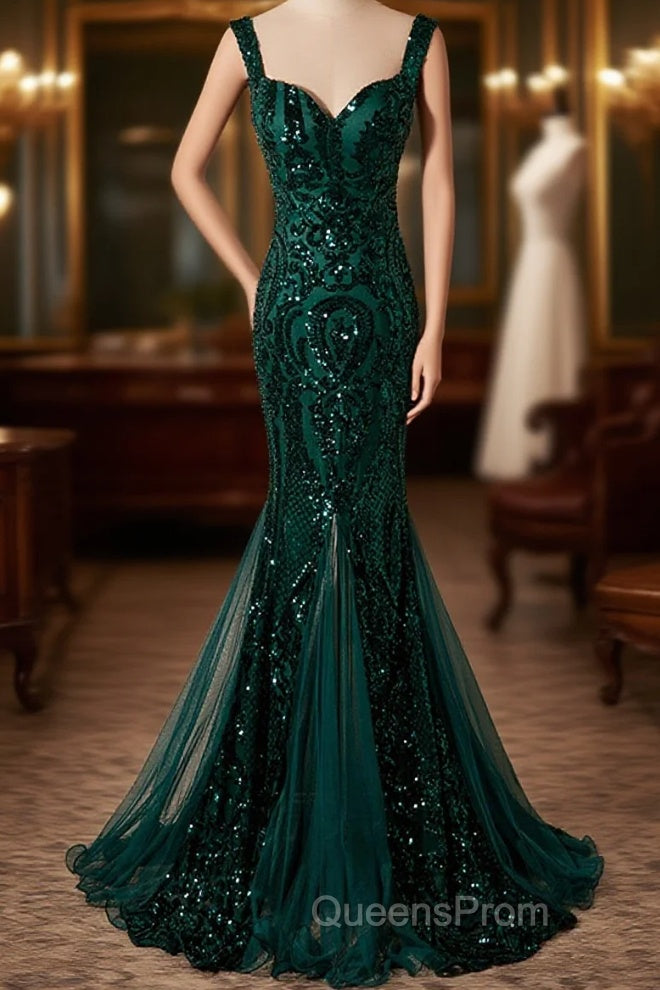 Green Mermaid Long Straps Sequins Long Evening Prom Dress, Green Mermaid Evening Dress Main image