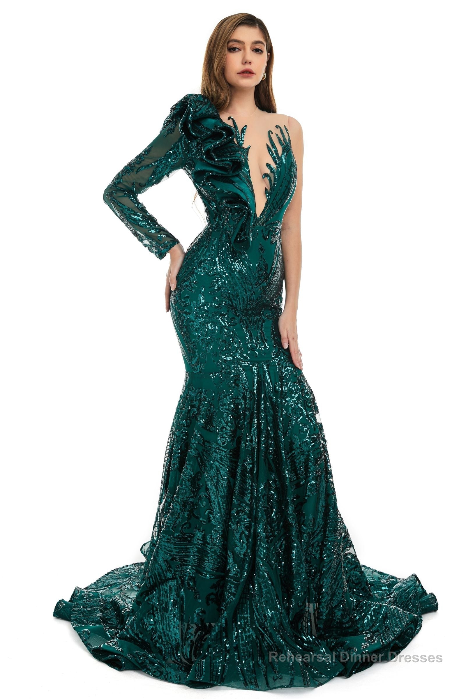Turquoise Green Mermaid One Sleeve Prom Dresses Sequined Lace Jewel Ruffles Evening Party Dress with Appliques Secondary image