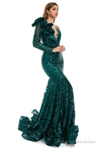 Red Mermaid One Sleeve Prom Dresses Sequined Lace Jewel Ruffles Evening Party Dress with Appliques