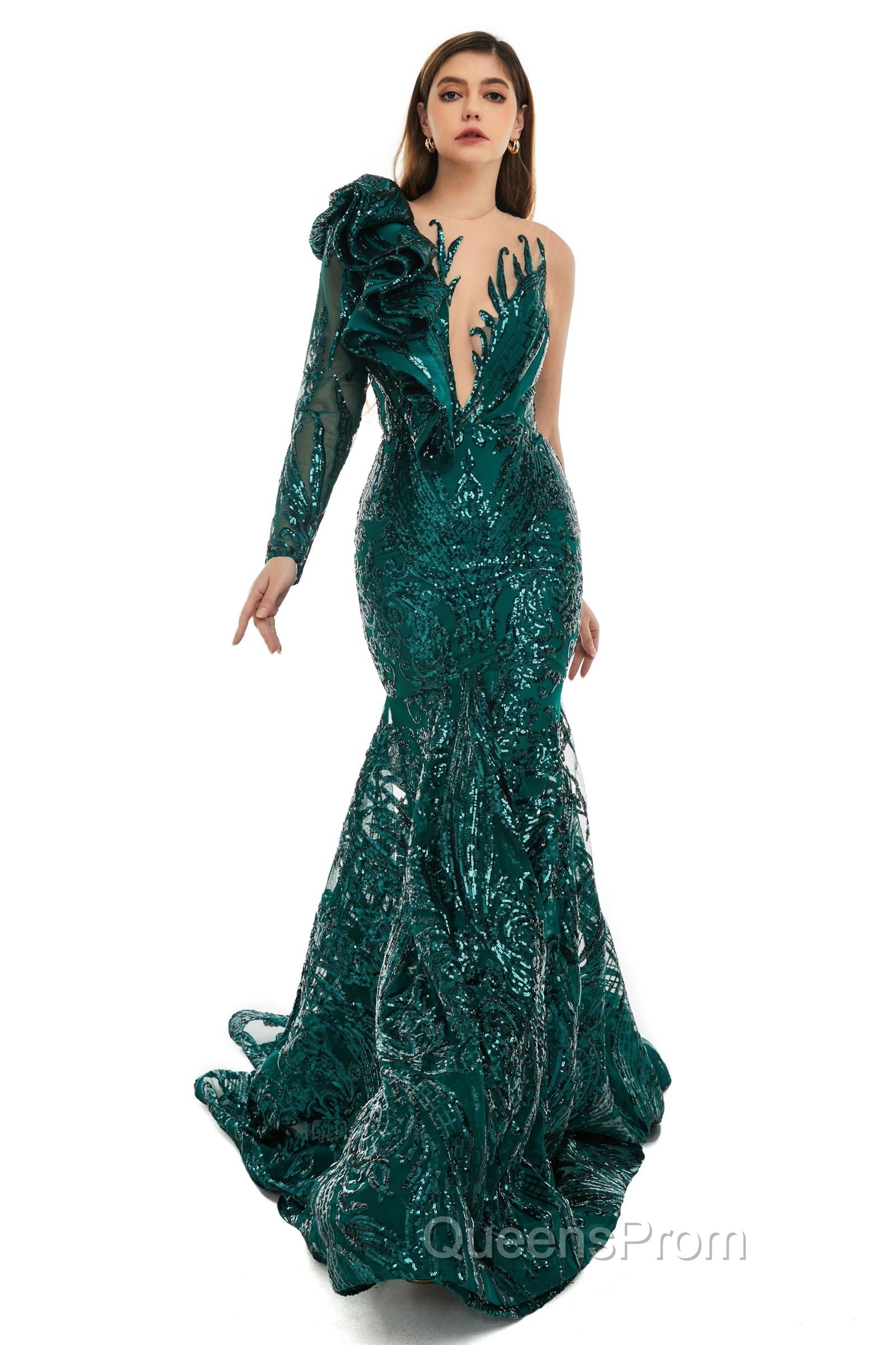 Orange Mermaid One Sleeve Evening Prom Dress Sequined Lace Jewel Ruffles Evening Party Dress with Appliques