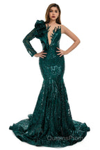 Orange Mermaid One Sleeve Evening Prom Dress Sequined Lace Jewel Ruffles Evening Party Dress with Appliques