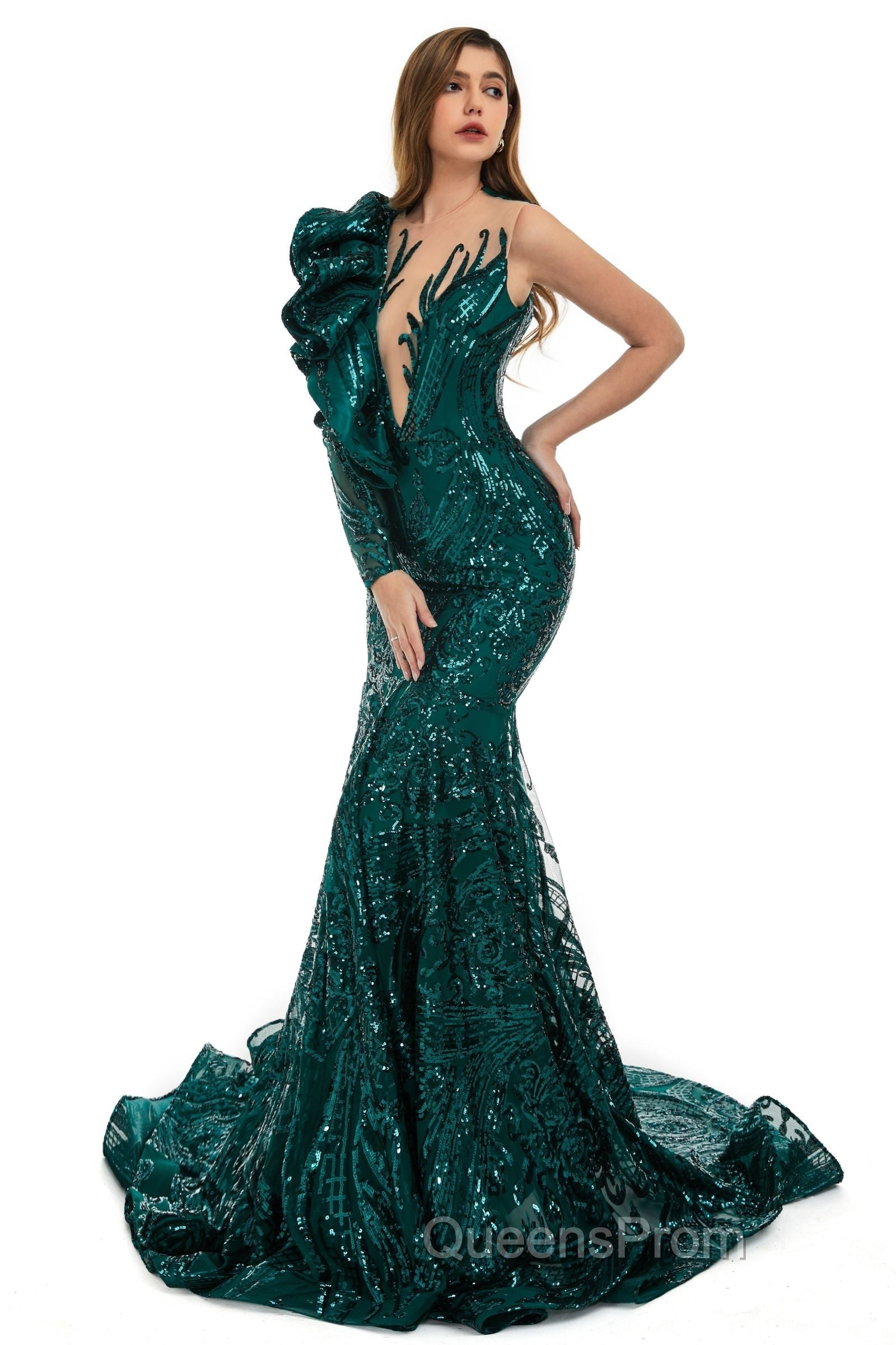 Orange Mermaid One Sleeve Evening Prom Dress Sequined Lace Jewel Ruffles Evening Party Dress with Appliques
