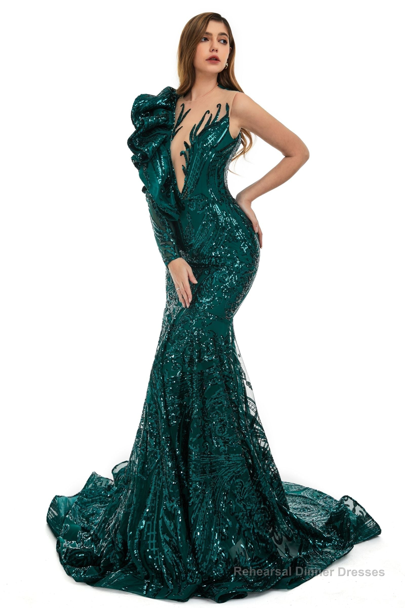 Turquoise Green Mermaid One Sleeve Prom Dresses Sequined Lace Jewel Ruffles Evening Party Dress with Appliques Main image