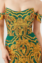 Mermaid Sequined Sheath Off Shoulde Prom Dresses with Fitted Bodice
