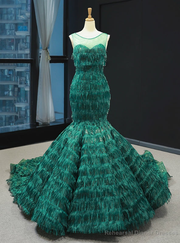Green Mermaid Sequins Tassel Backless Prom Dress With Long Train Main image