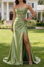 Green Mermaid Spaghetti Straps Pleated Corset Prom Dress