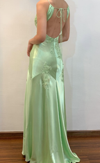 Green Mermaid V Neck Appliques Satin Open Back Long Classy Prom Dress Outfits