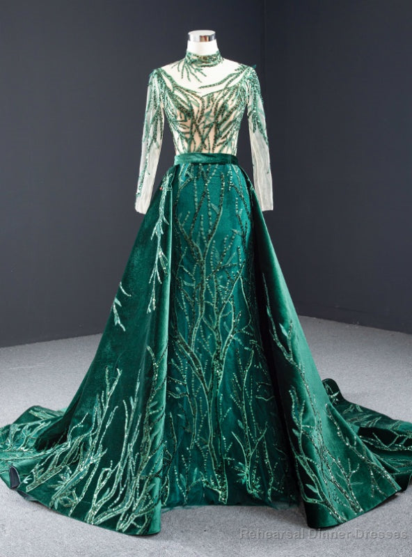 Green Mermaid Velvet High Neck Long Sleeve Sequins Prom Dress With Removable Train Main image