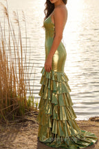 Green Metallic Tiered Mermaid Tie Back Long Prom Dress With Slit